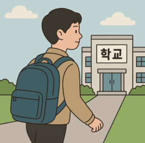 2025 대학수학능력시험 유의사항을 상징하는 장면. 책가방을 멘 학생이 학교 건물 앞에서 입실을 준비하는 모습