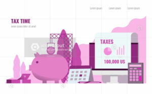 세금 계산기와 돈, 차트가 함께 있는 일러스트: 세액공제 · 절세 · 재정관리 컨셉 이미지