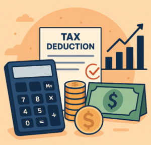 2025년 결혼세액공제를 상징하는 일러스트 — 세금 계산기, 동전 더미, 지폐, 정부 문서, 상승 그래프가 조화된 절세와 재정관리 개념 이미지