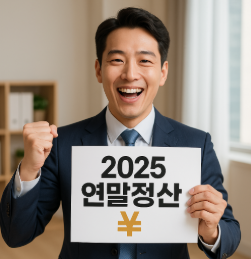 2025년 연말정산 세금 환급 받아서 웃는 직장인, 월세·청약·결혼 공제 후 13월의 월급을 들고 기뻐하는 모습의 일러스트